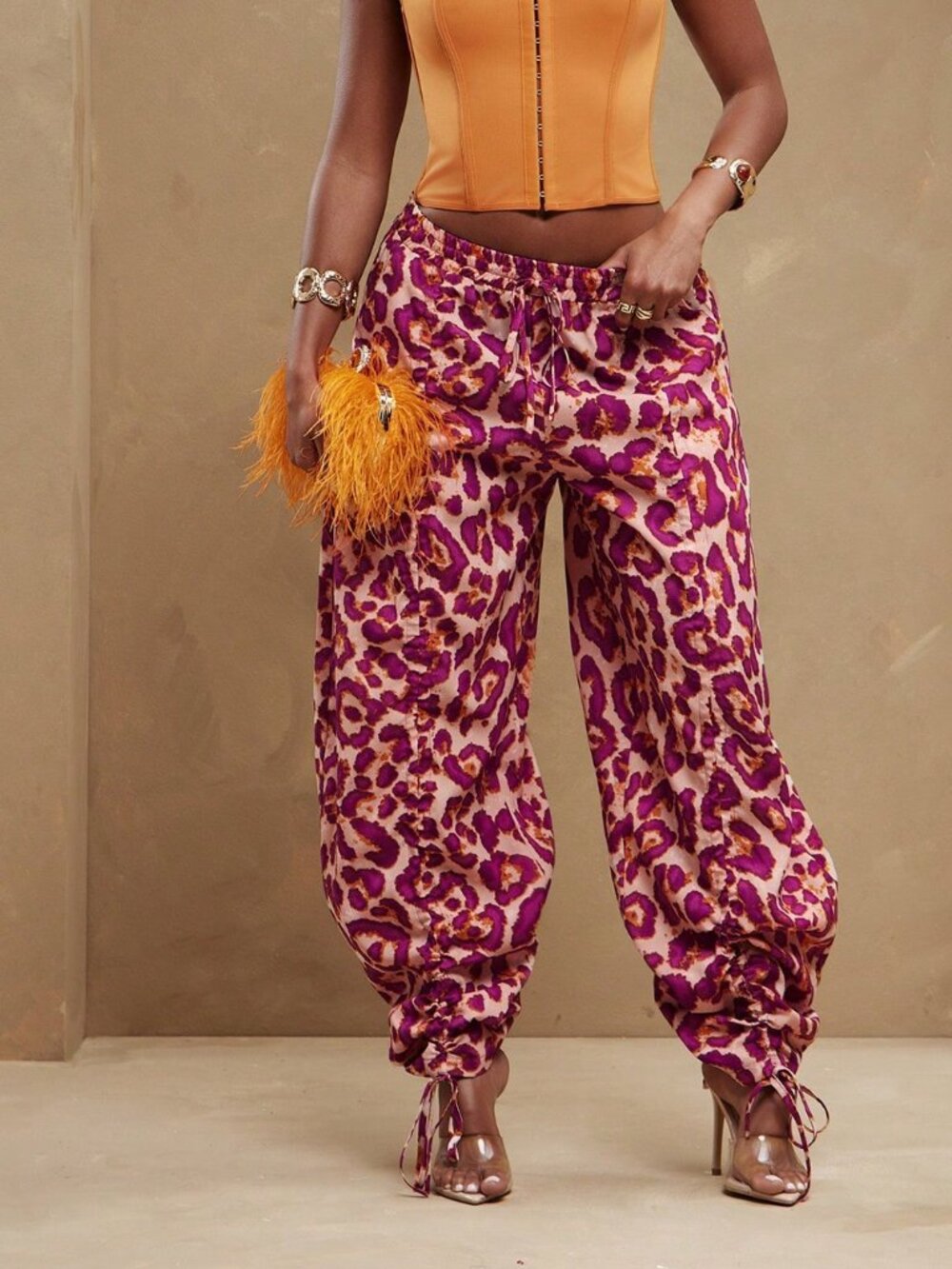 Multicolor Casual Women's Ruched Elastic Waist Wide Leg Pants